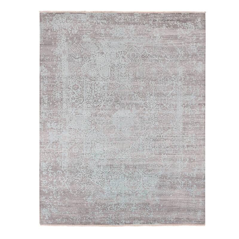 Shahbanu Rugs Sea Foam Green, Wool and Silk Hand Knotted, Broken